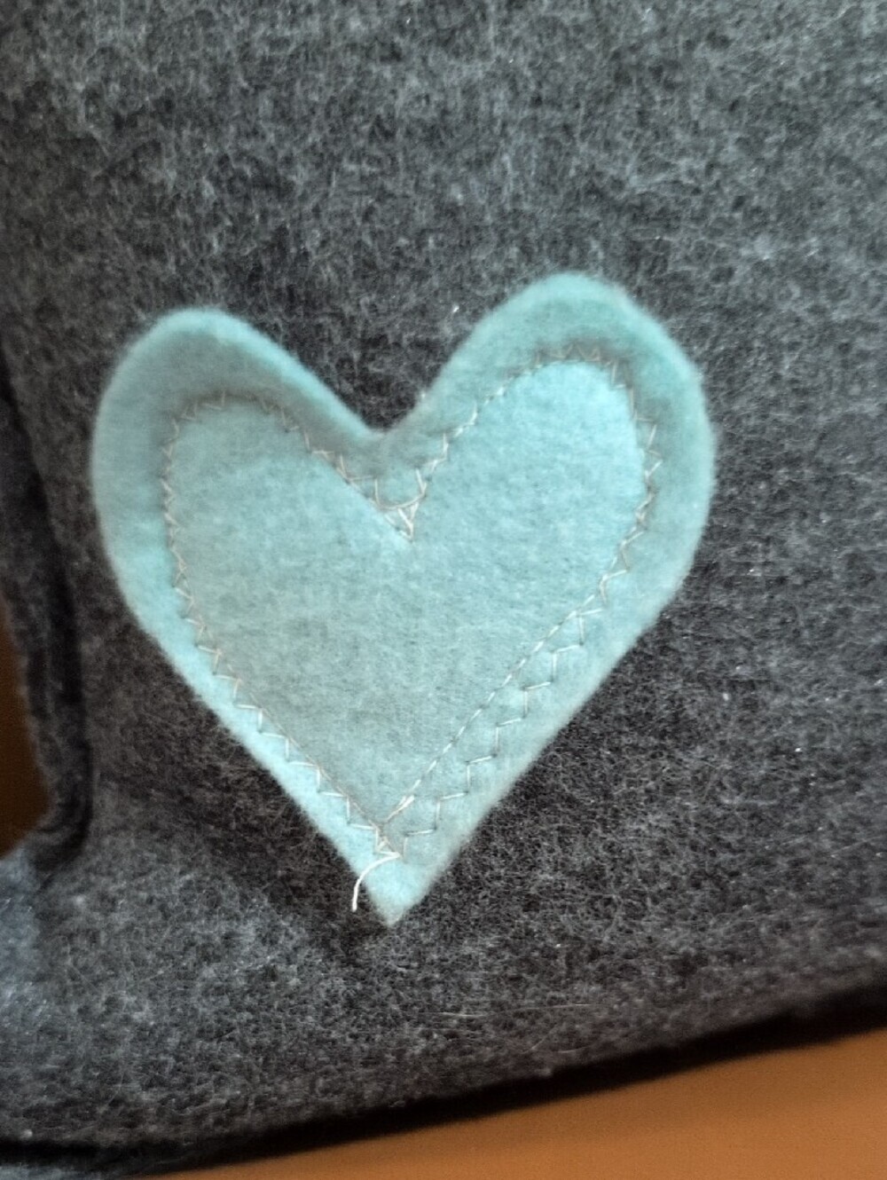 Handmade Michigan State Gray Felt Decorative Pillow with Teal Heart Accent - Picture 4 of 5